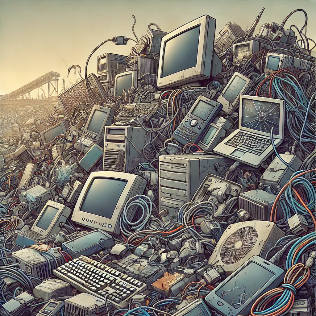 E-waste تصویری از کوه پسماند الکترونیکی بصورت کارتونی